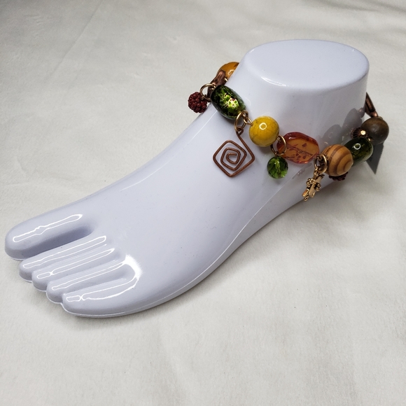 Chico's Anklet / Bracelet 11" Beaded Metal Charms Copper Yellow Green NWT - Picture 2 of 13